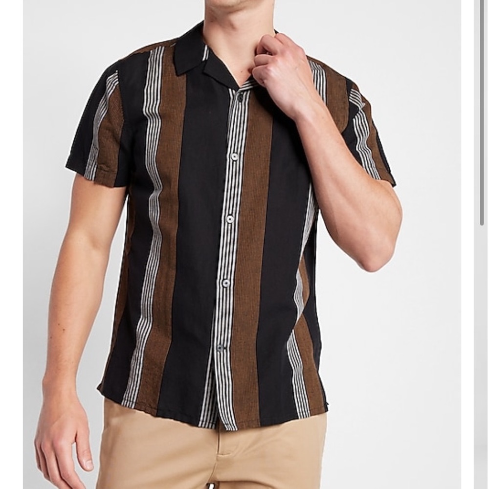 New Express Slim Striped Black Brown White Linen-Blend Short Sleeve Collar Shirt
